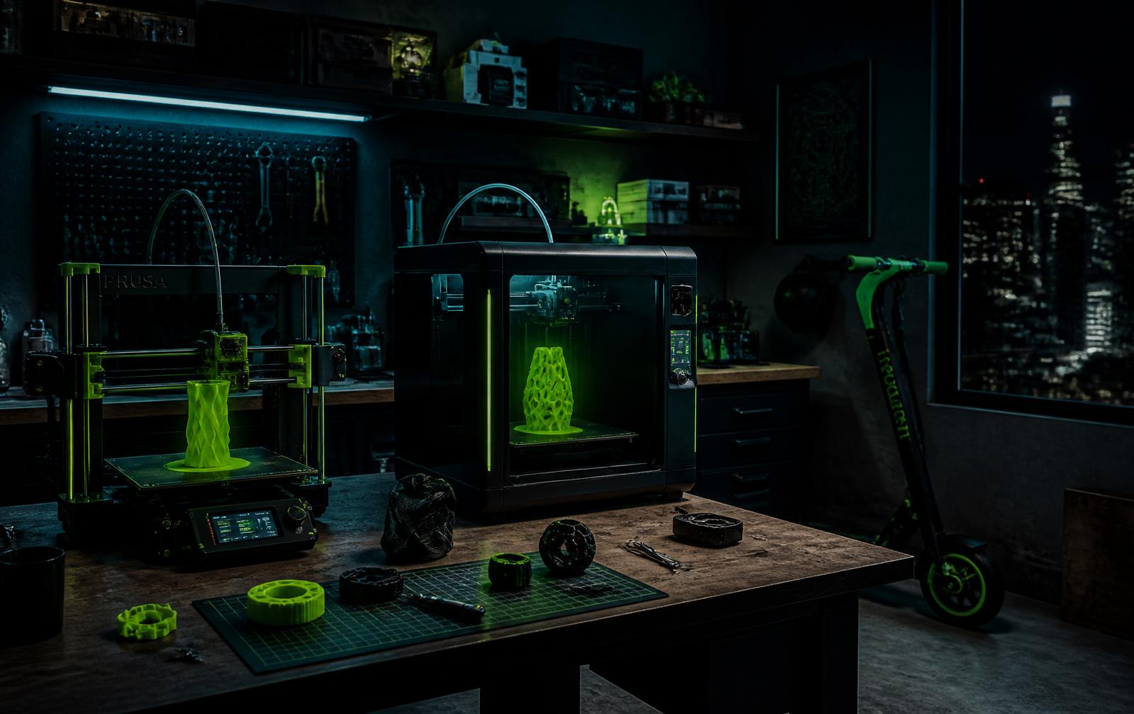 The SSS workshop with two 3D printers running and an electric scooter